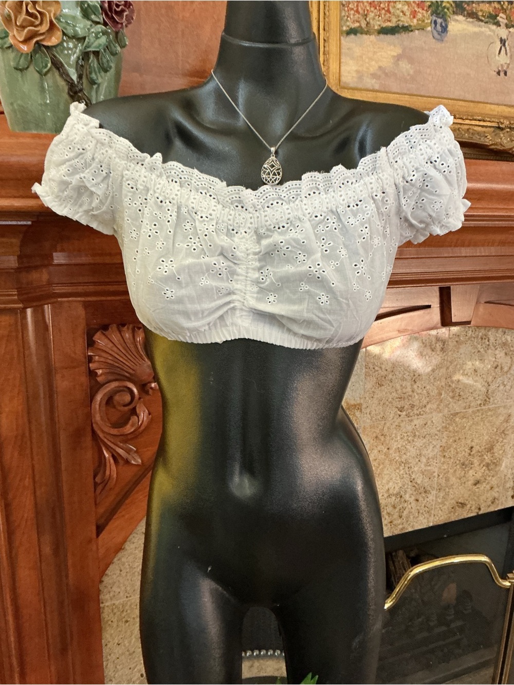 White Eyelet Off-Shoulder Crop Top